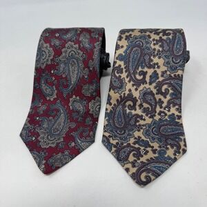 John Comfort London England Silk‎ Paisley Tie Lot 2 Burgundy Tan Made in England